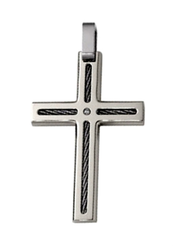 Men's Titanium and Grey Steel Diamond Cross Pendant