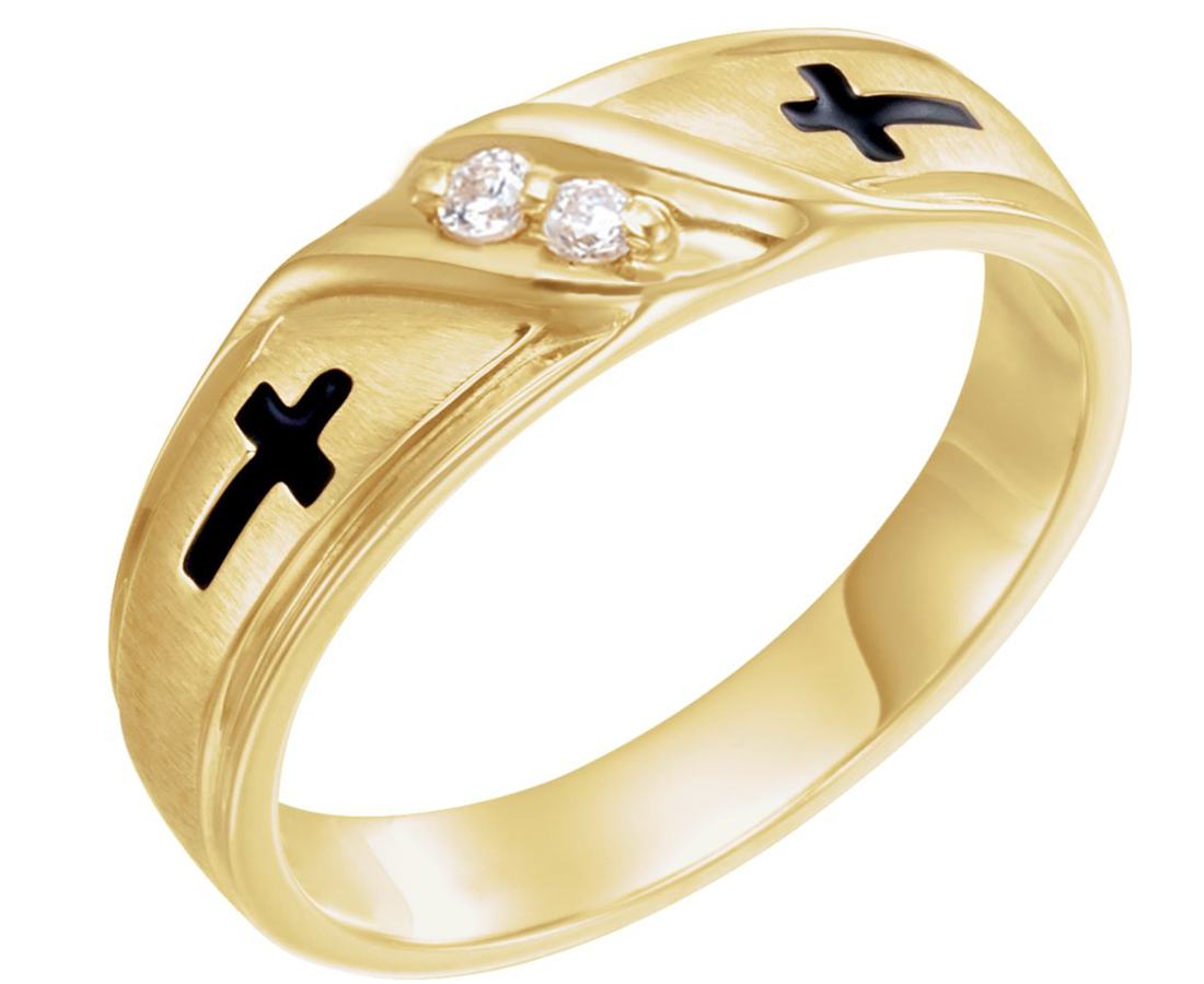 Women's 14k yellow gold 2-stone diamond band with an engraved black cross on both sides of the diamond.