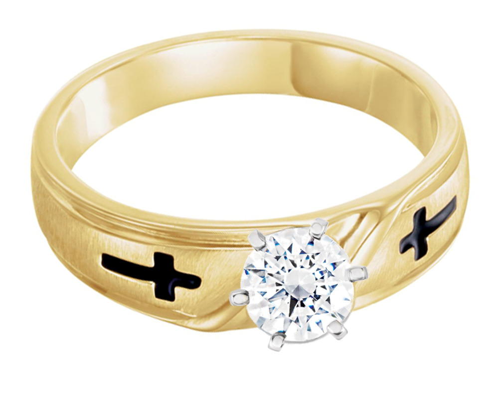 Women's 14k yellow gold diamond solitaire band with an engraved black cross on both sides of the diamond.