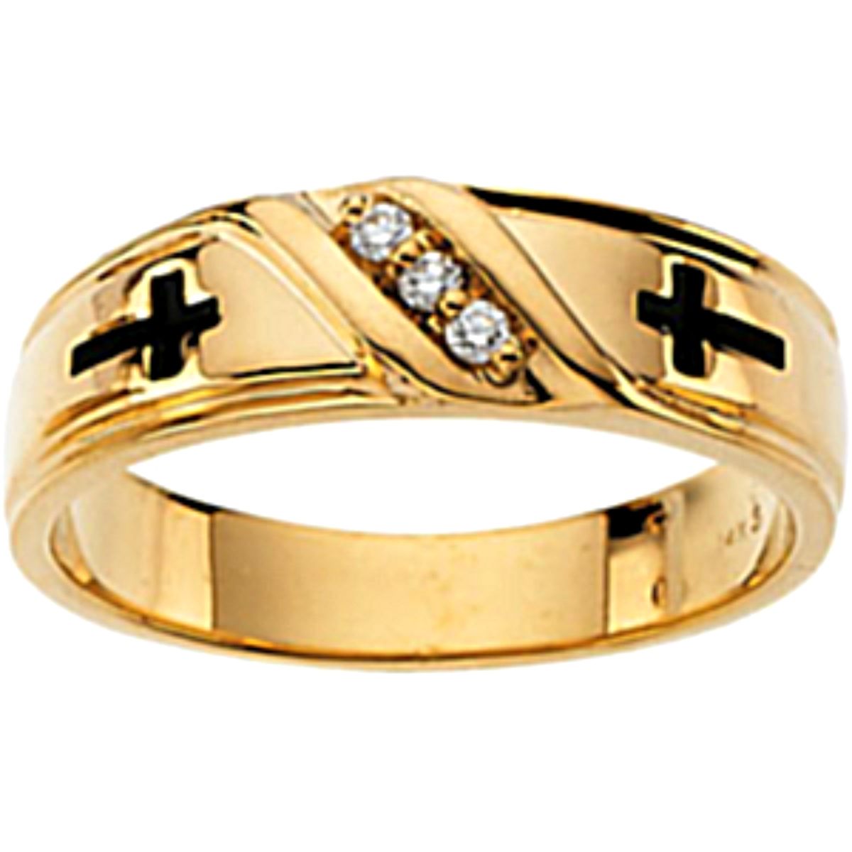 Men's 14k yellow gold 3-stone, past, present, future diamond band with an engraved black cross on both sides of the diamond.