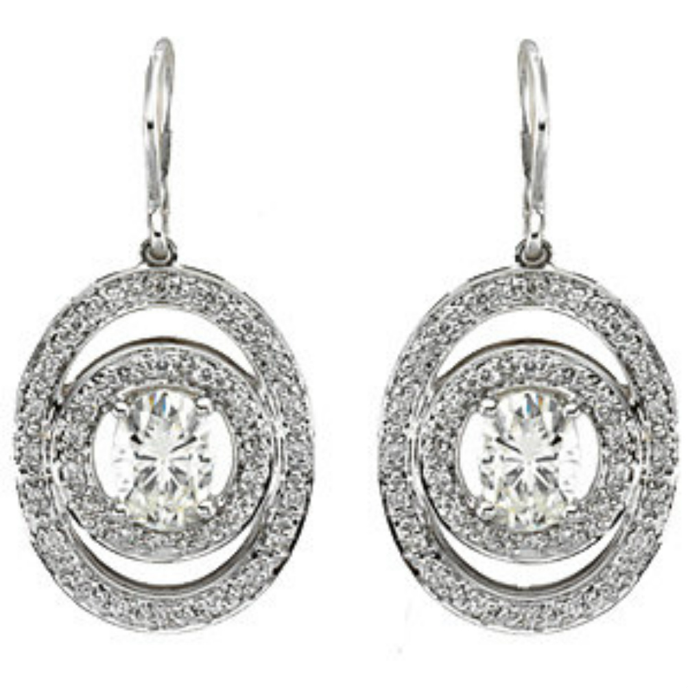 Charles and Colvard 14k White Gold Oval Moissanite and Diamond Pave Circle Earrings. 