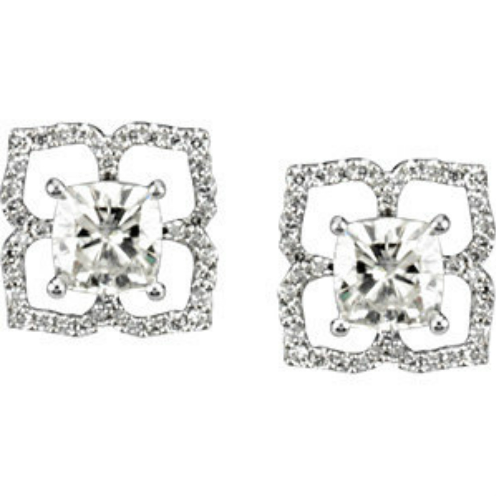 14k White Gold Charles and Colvard Antique Square Moissanite and Diamond Flower Earrings. 