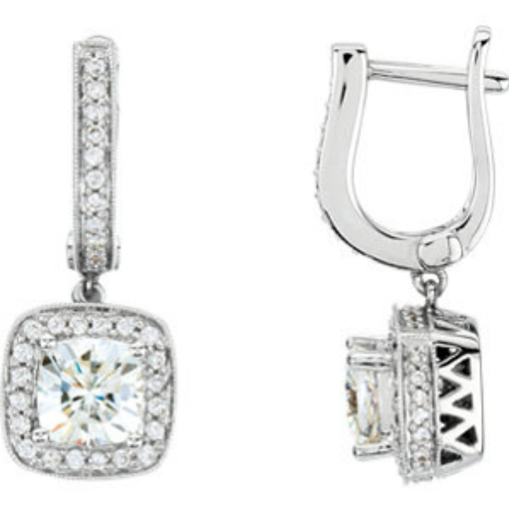 14k White Gold Charles and Colvard antique square moissanite and diamond vintage-style drop earrings. 