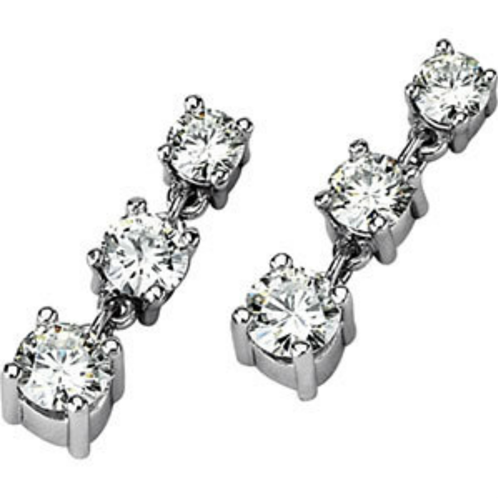 14k White Gold Charles and Colvard Moissanite Three Stone Dangle Earrings. 