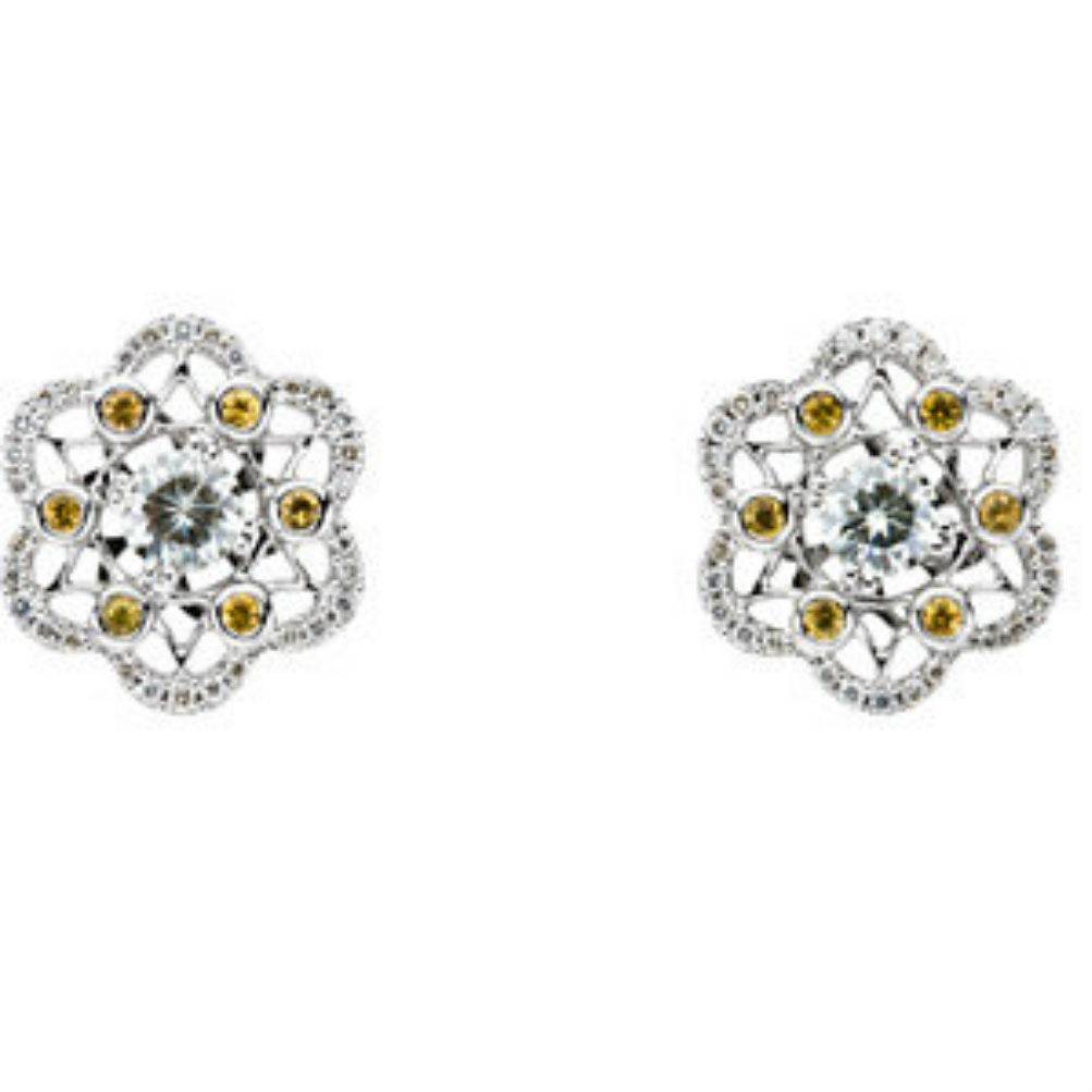 14k White Gold Charles and Colvard Moissanite Yellow Sapphire and Diamond Vintage Style Flower Earrings. 