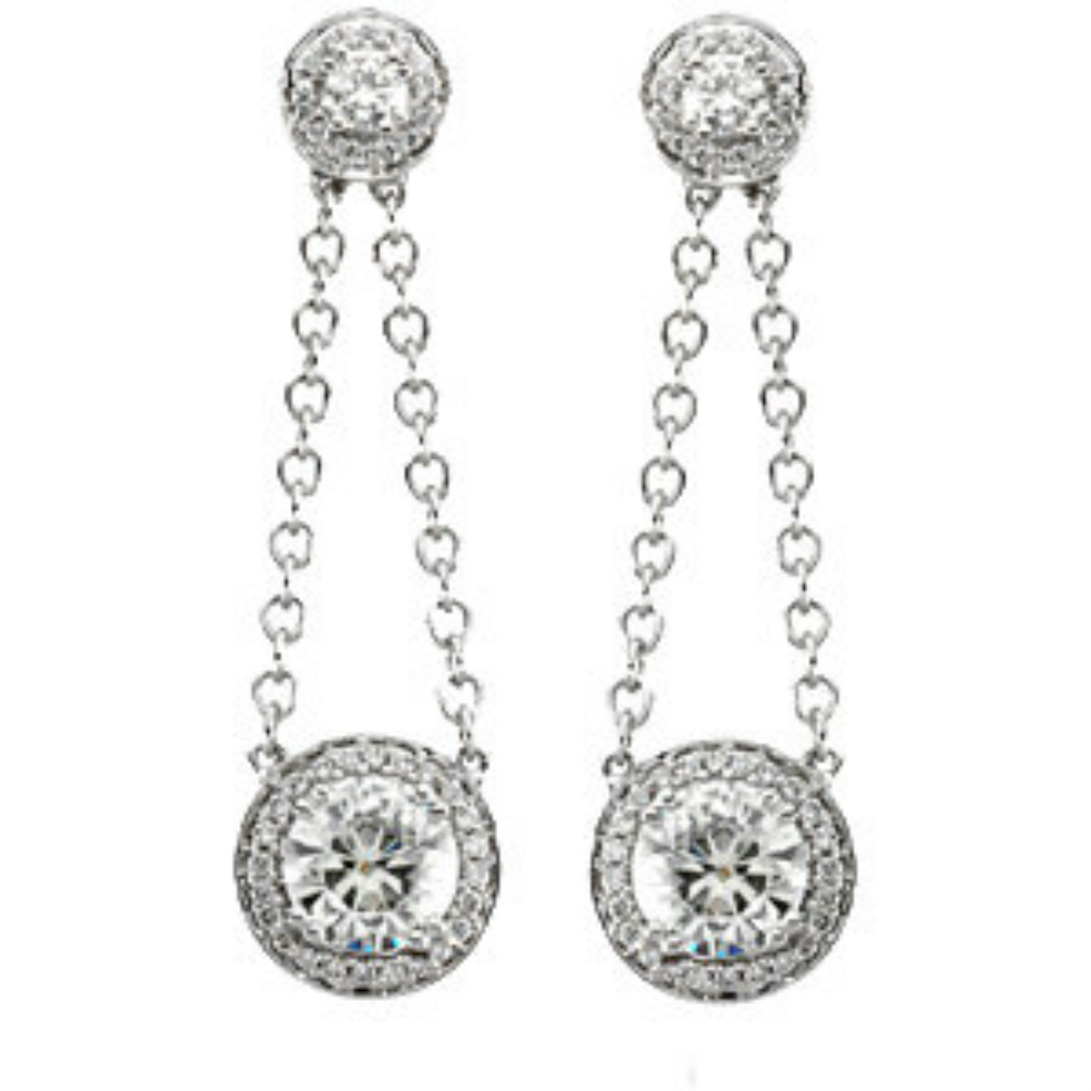 14k White Gold Charles and Colvard Moissanite and Diamond Halo Dangle Earrings. 