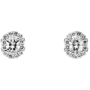 14k White Gold Charles and Colvard Moissanite and Diamond Vintage Halo Style Button Earrings. 