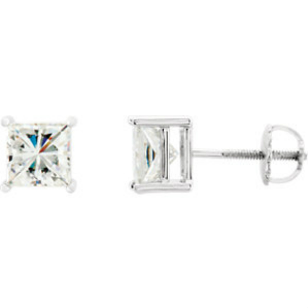 14k White Gold Charles and Colvard antique square moissanite solitaire stud earrings. 