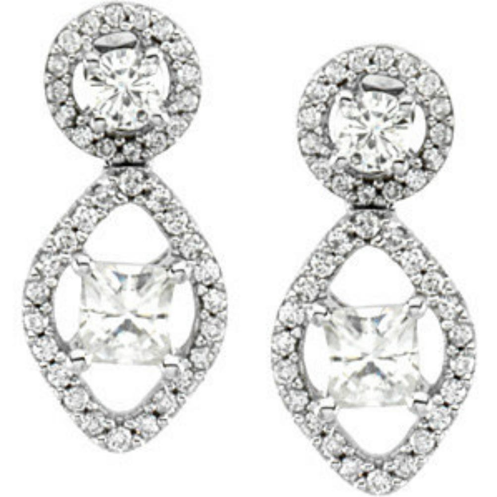 14k White Gold Charles and Colvard Princess Square Moissanite and Diamond Halo Earrings. 