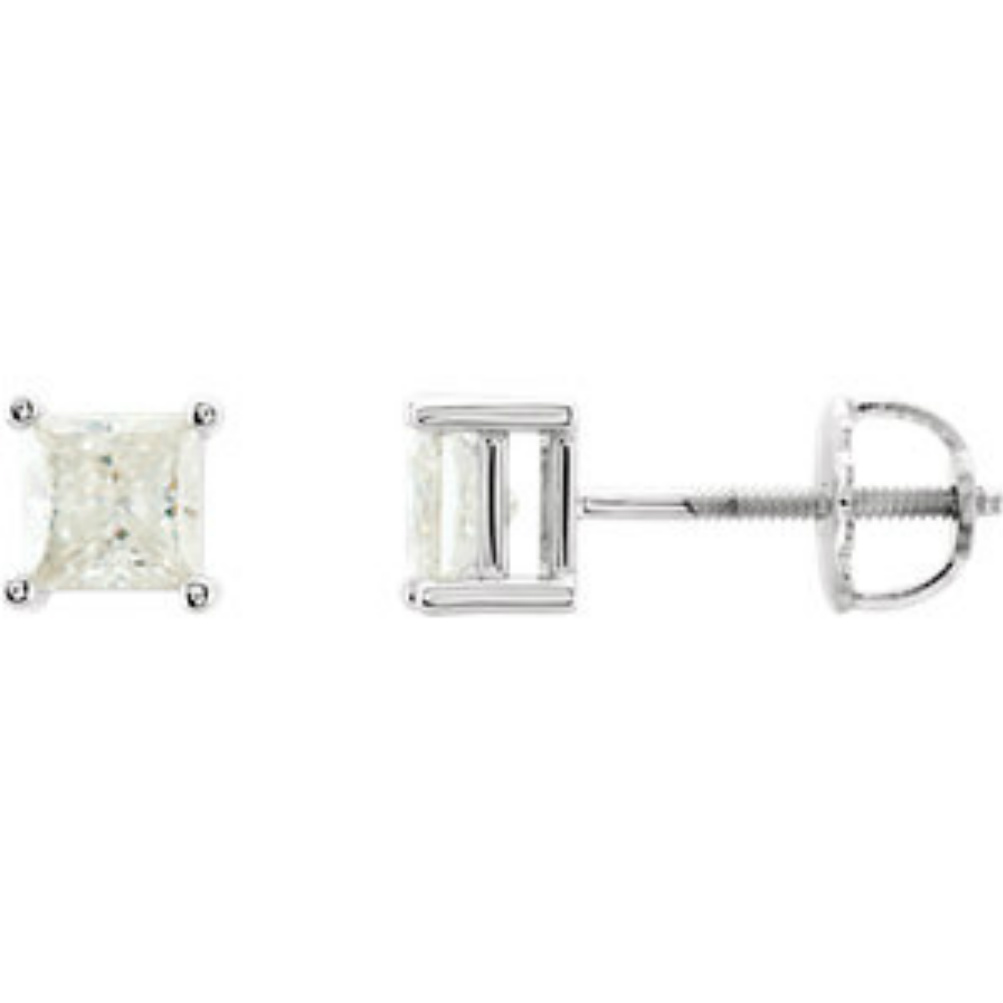 14k White Gold Charles and Colvard antique square moissanite earrings featured in square basket settings. 