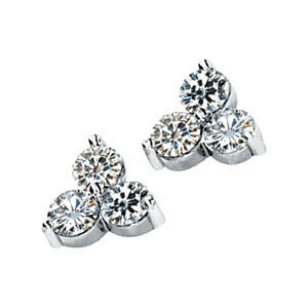 14k White Gold Charles and Colvard Three Stone Moissanite Button Earrings. 