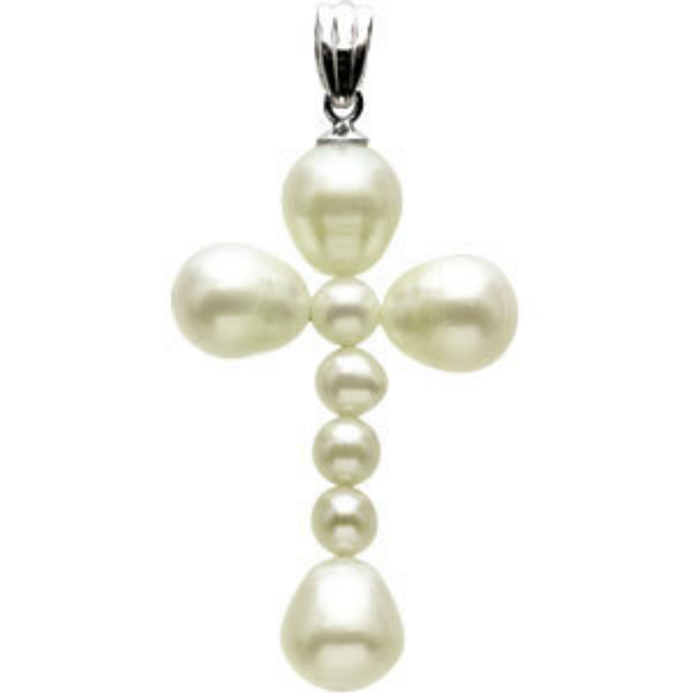 14k White Gold Freshwater Cultured Pearl Cross Pendant. 