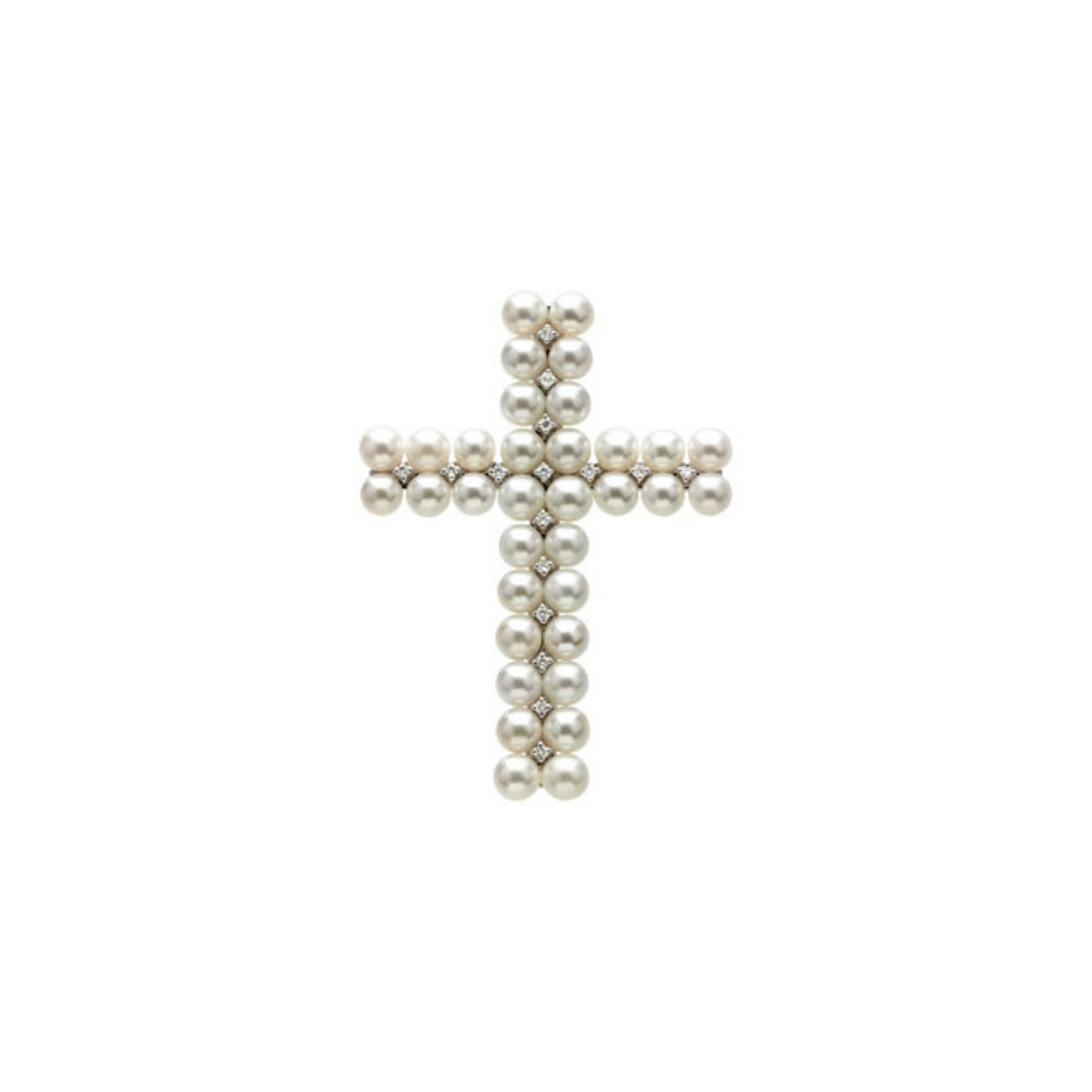 14k White Gold Freshwater Cultured Pearl and Diamond Cross Pendant. 