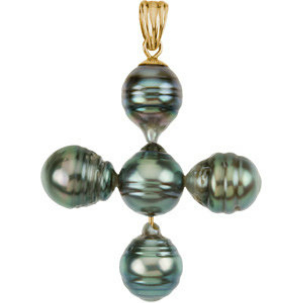 14k Yellow Gold Black Tahitian Pearl Cross Pendant. 