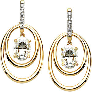 14k Yellow Gold Charles and Colvard Oval Moissanite and Diamond Double Hoop Earrings. 