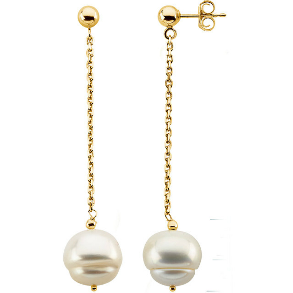 14k Yellow Gold Freshwater Circle Pearl Chain Dangle Earrings. 