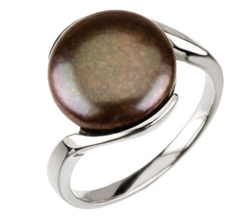 Chocolate Freshwater Cultured Coin Pearl Ring, Sterling Silver Bezel Setting. 