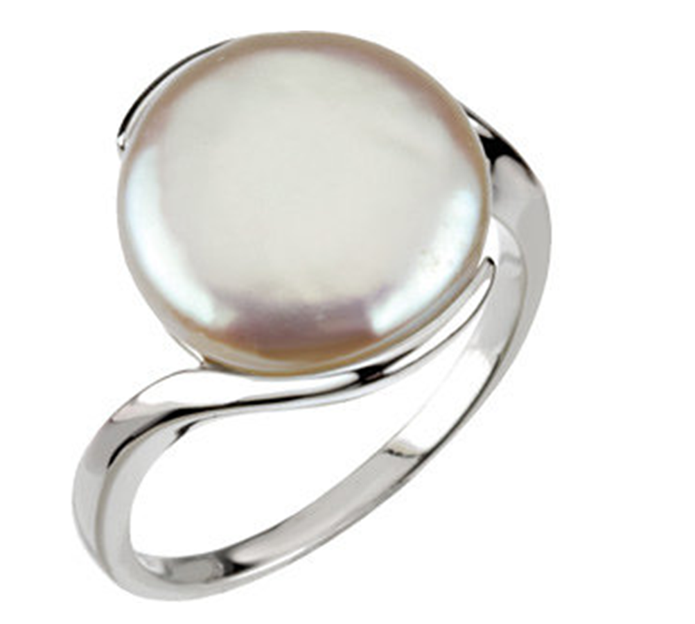 White Freshwater Cultured Coin Pearl Ring, Sterling Silver Bezel Setting. 