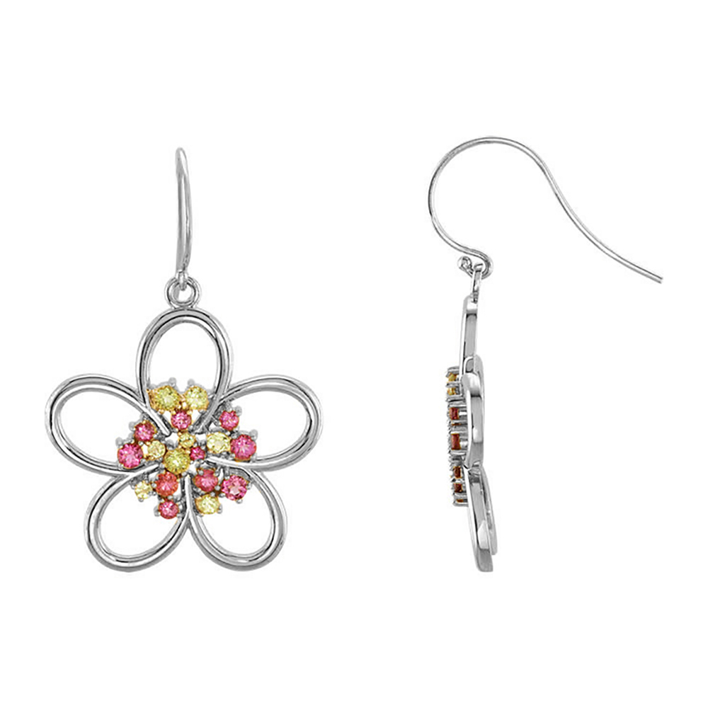 Pink Tourmaline and Arizona Peridot Flower Earrings, 14k White Gold. 