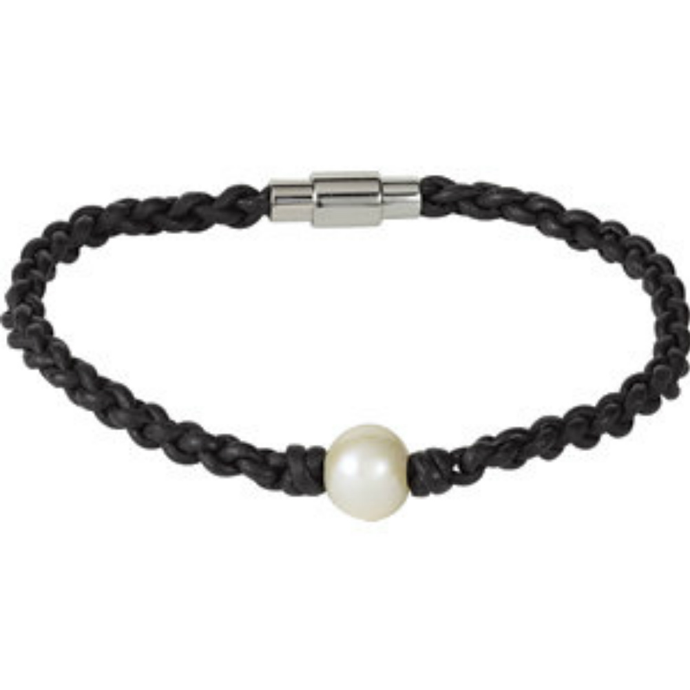 Black Leather, Freshwater Cultured Pearl and Stainless Steel Bracelet. 