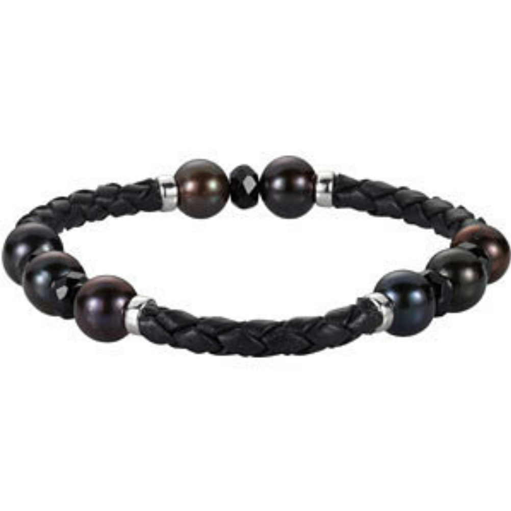 Black Onyx and Black Cultured Pearl Leather Bracelet. 