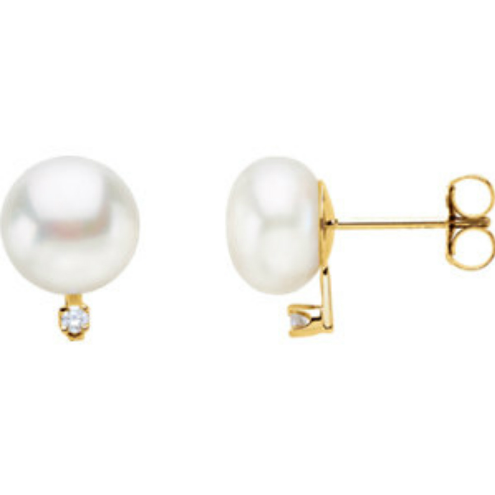 Freshwater Cultured White Pearl and Diamond Earrings. 