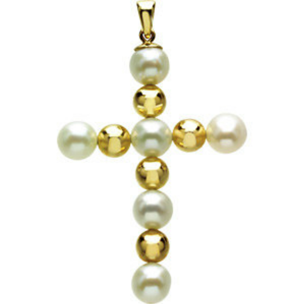 Freshwater Pearl and Gold Bead Cross Pendant. 