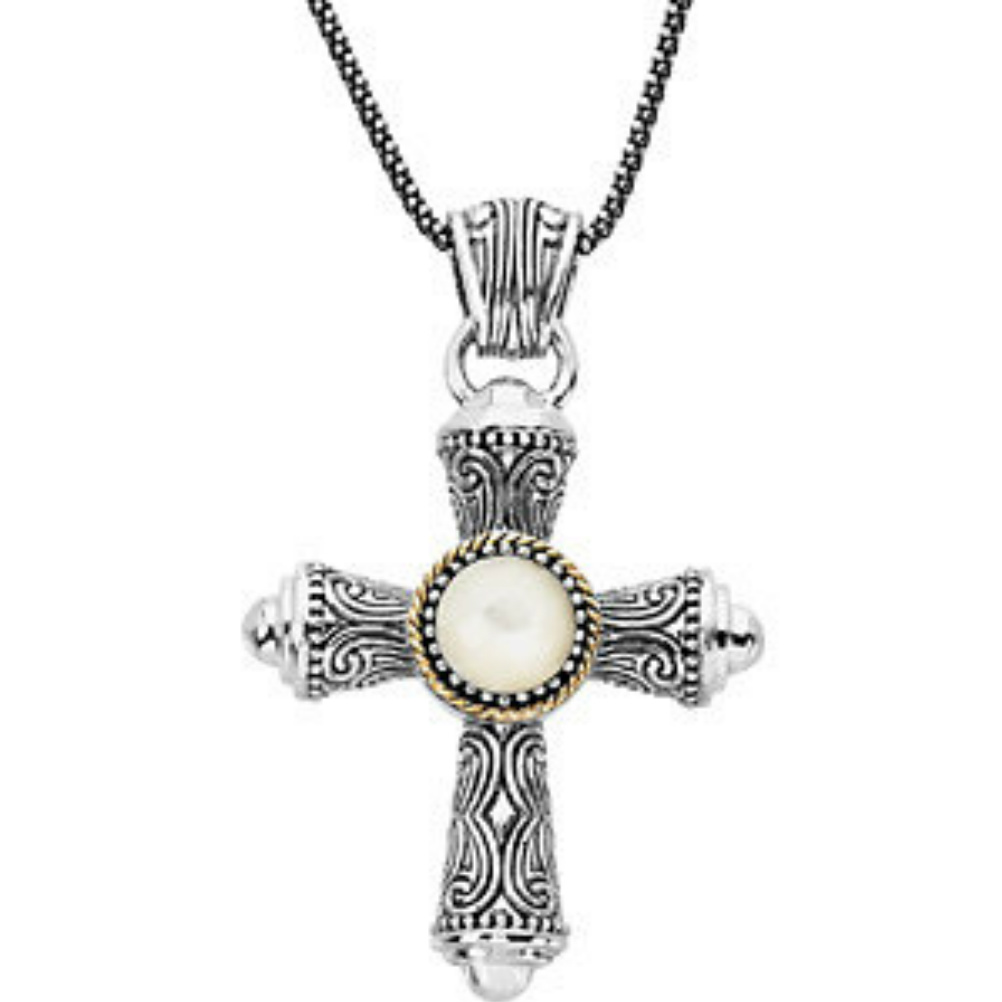 Mother-of-Pearl and Sterling Silver Cross Necklace. 