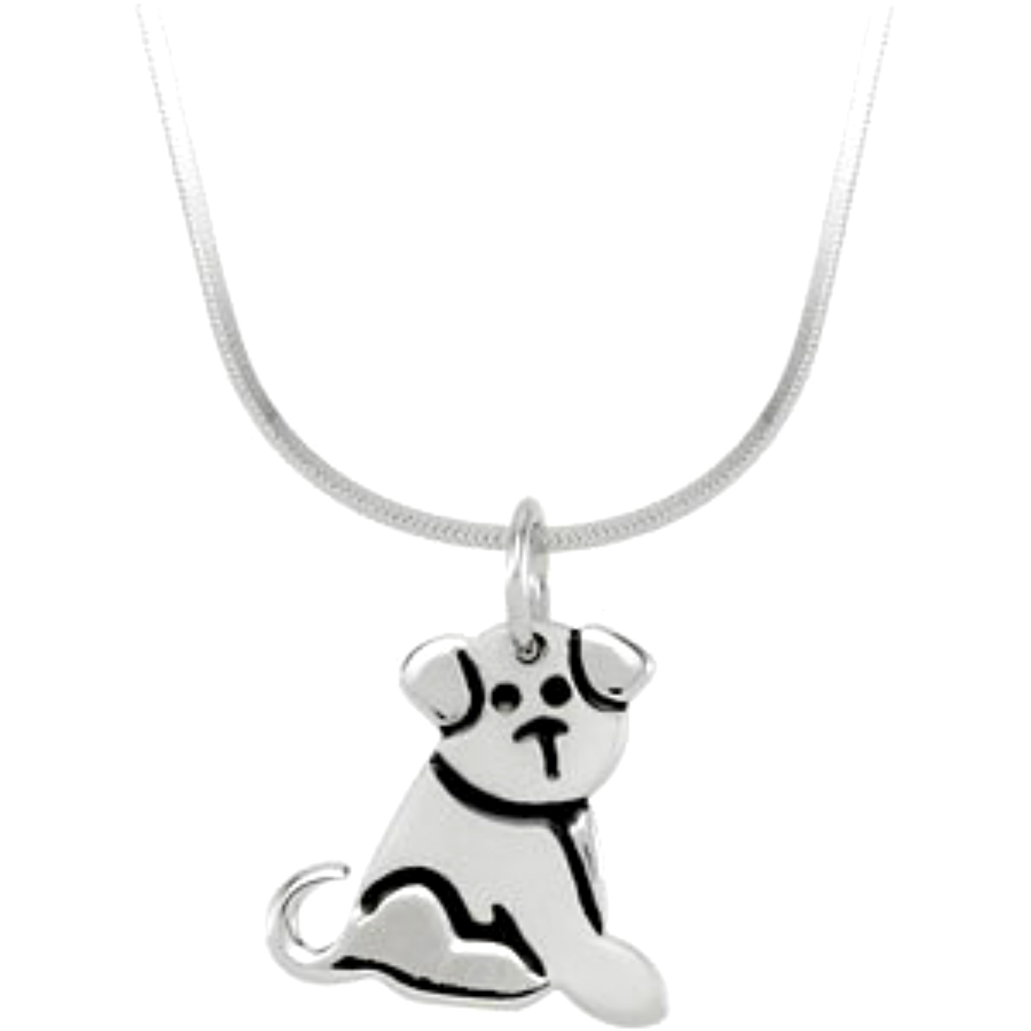 Children's Black Enamel Puppy Sterling Silver Pendant Necklace. 