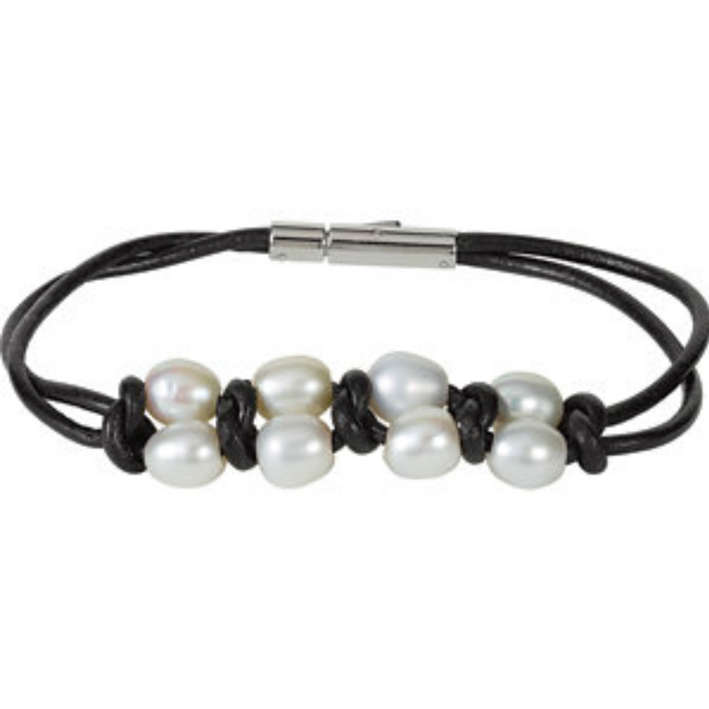 Pearl, Black Leather and Stainless Steel Magnetic Closure Bracelet. 