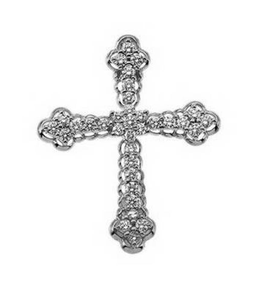  Rhodium-plated 14k white gold cross pendant with a hidden bail. This cross has 34 handset diamonds.