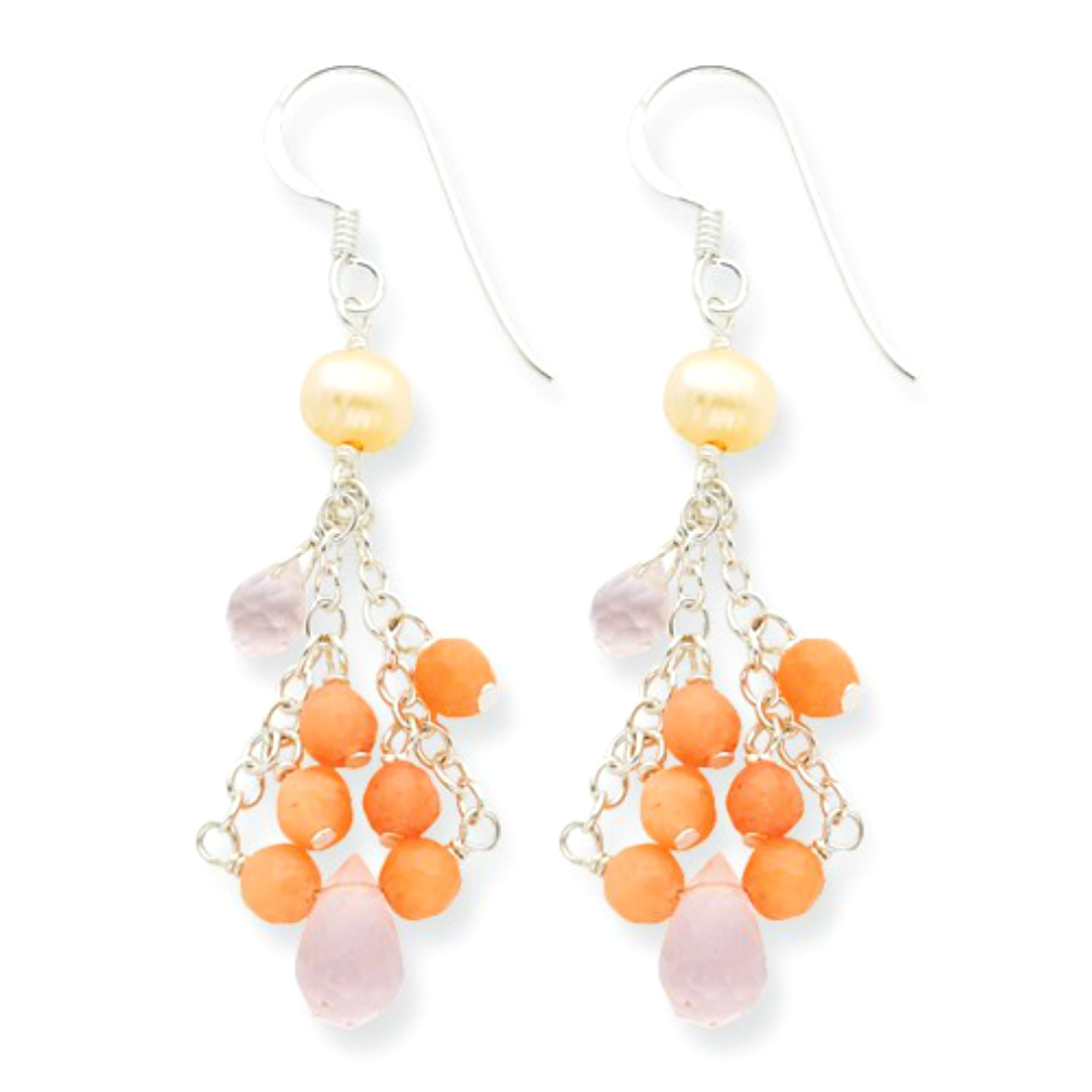 Sterling Silver Button Pearl, Peach Agate and Pink Crystal Dangle Earrings. 