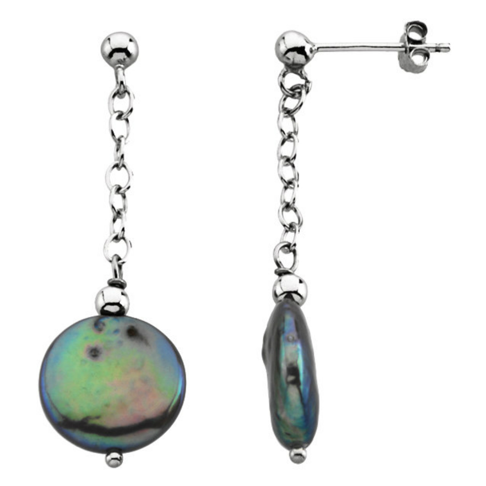 Sterling Silver Freshwater Cultured Black Coin Pearl Earrings. 