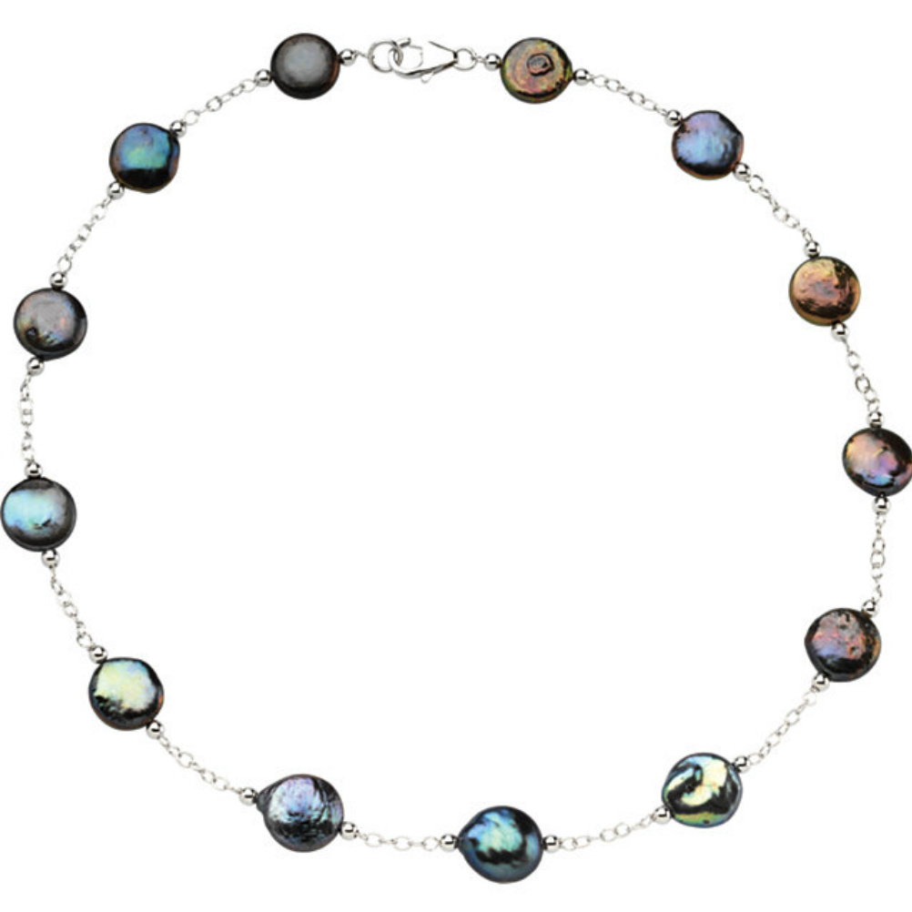 Sterling Silver Freshwater Cultured Black Coin Pearl Station Necklace or Bracelet. 