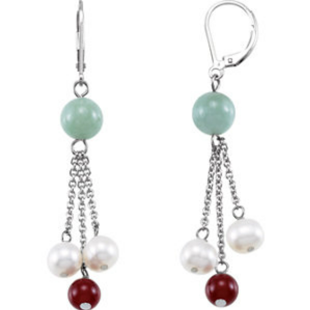 Sterling Silver Freshwater Pearl, Red Agate and Jade Earrings. 