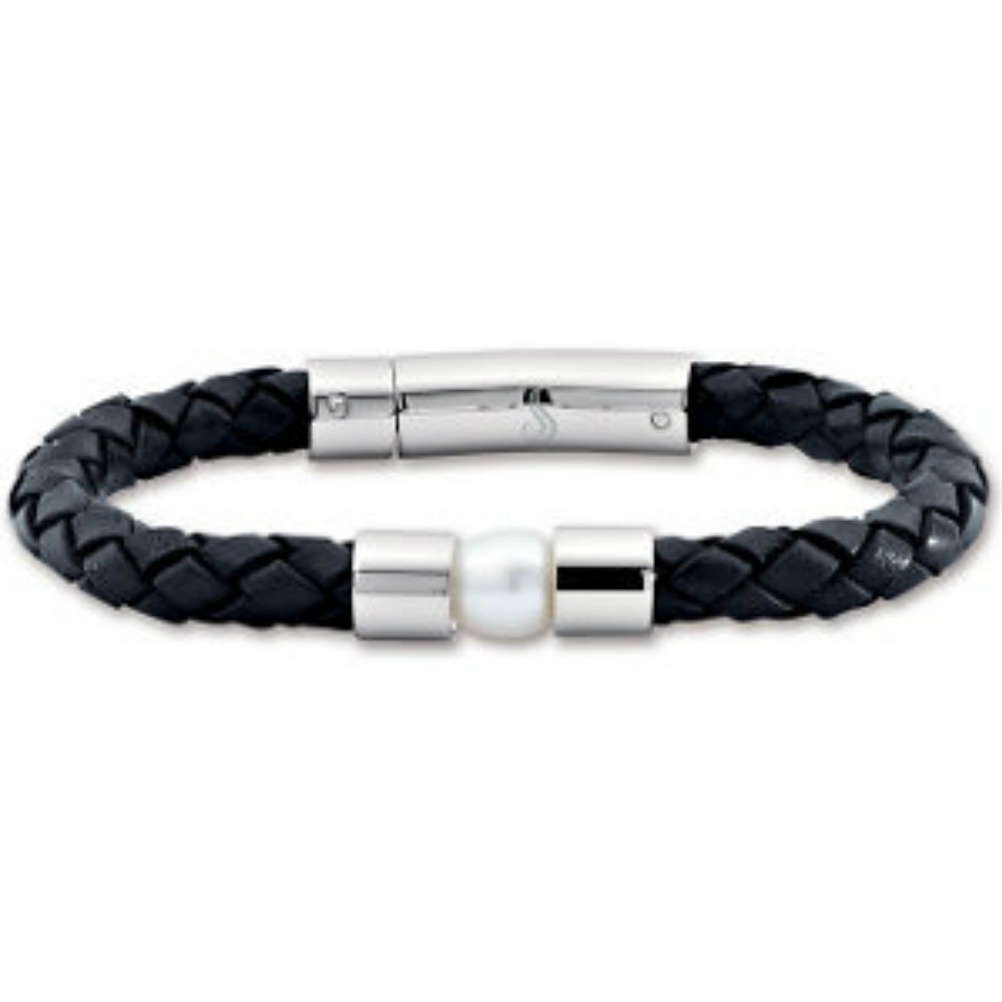 White Freshwater Pearl, Black Leather and Stainless Steel Bracelet. 