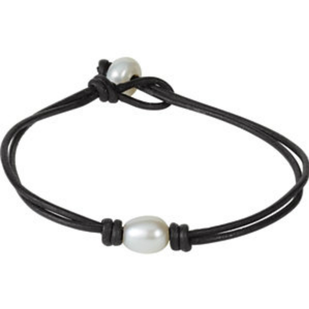 White Freshwater Pearls and Double Black Leather Strand Bracelet. 