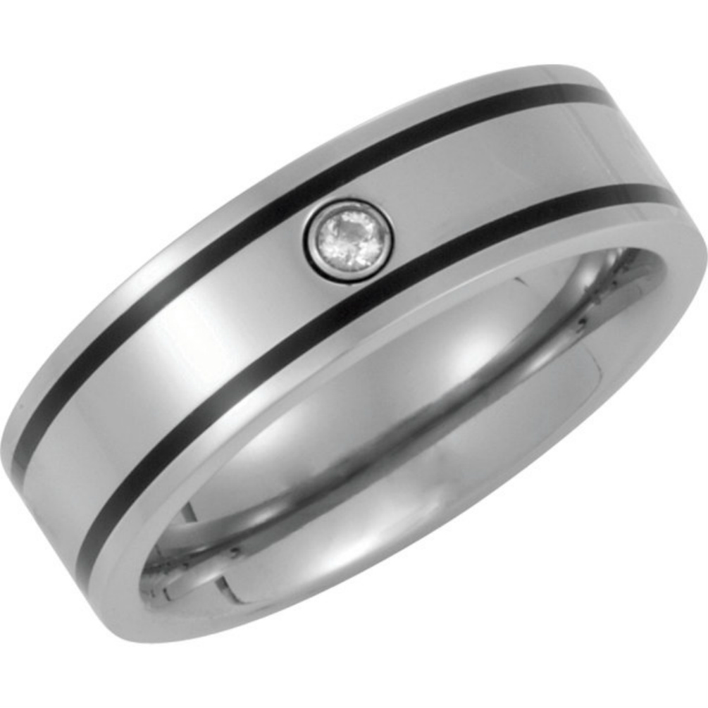 Bezel Set Diamond Titanium Comfort Fit Ring with Black Accents