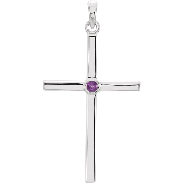  14k white gold cross pendant with an inlaid Amethyst AA quality gemstone.