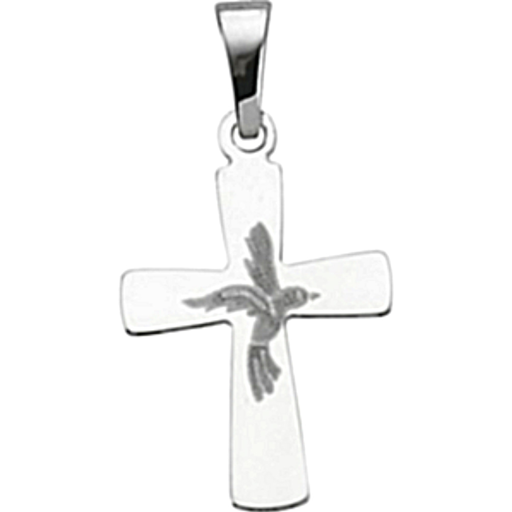 Petite Cross with Dove 14k White Gold Pendant. 