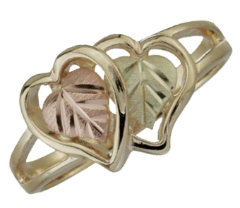 Double Heart Ring, 10k Yellow Gold, 12k Green and Rose Gold Black Hills Gold Motif