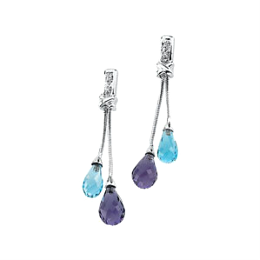 14k White Gold Swiss Blue Topaz in Amethyst Briolette, Diamond Earrings. 