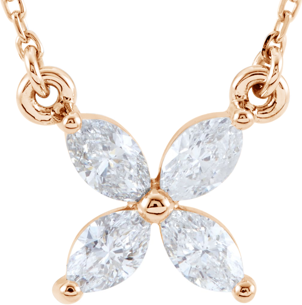  Marquise Diamond Flower Pendant Necklace, 14k Rose Gold. 