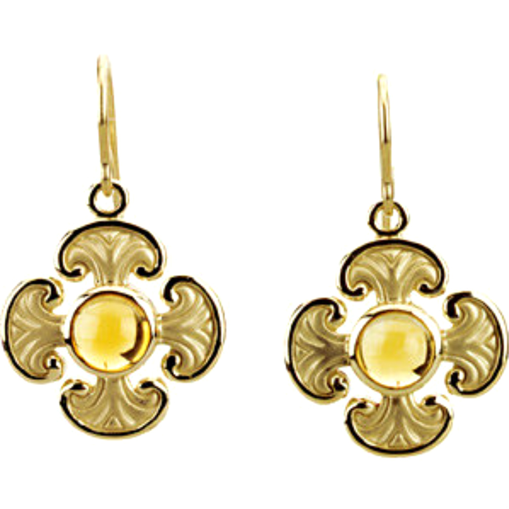 14k Yellow Gold Citrine Maltese Cross Earrings. 