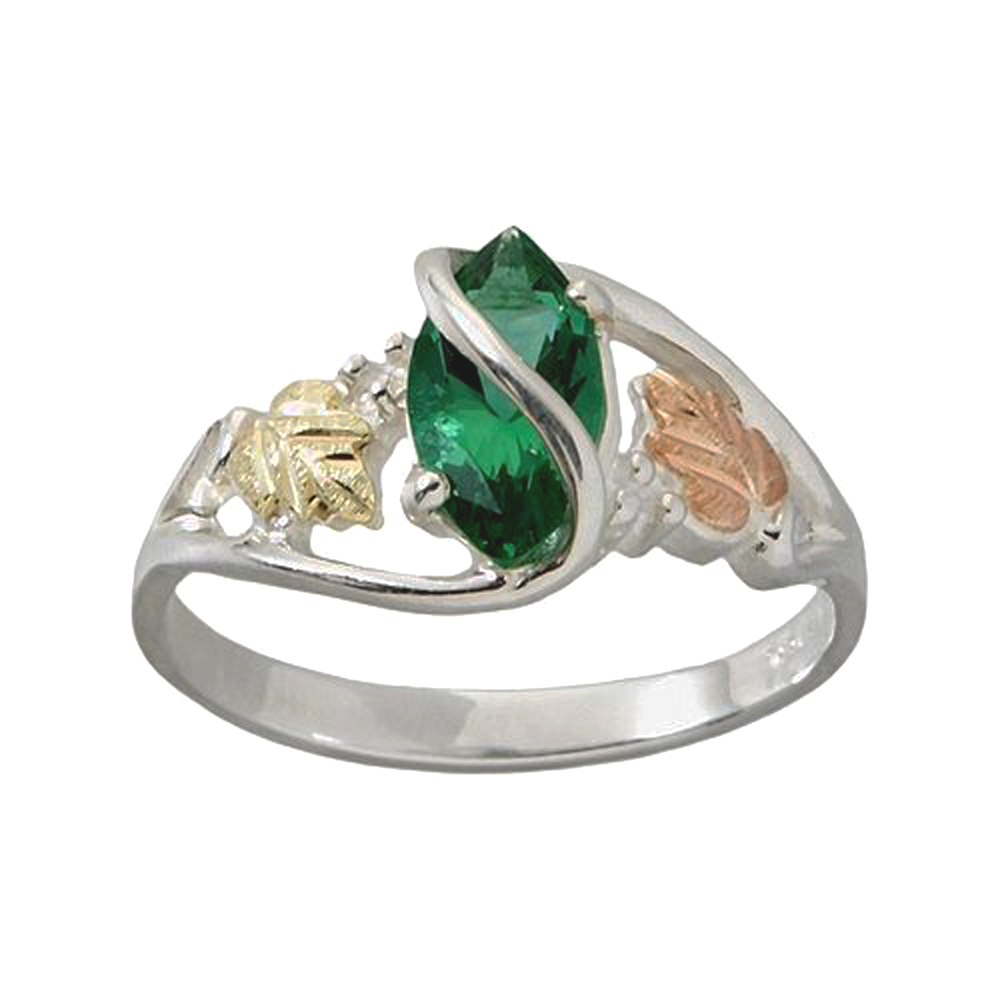 Sterling Silver .90 Ct Mount St. Helens Emerald Obsidinaite Ring with 12k Green and Rose Black Hills Gold Motif