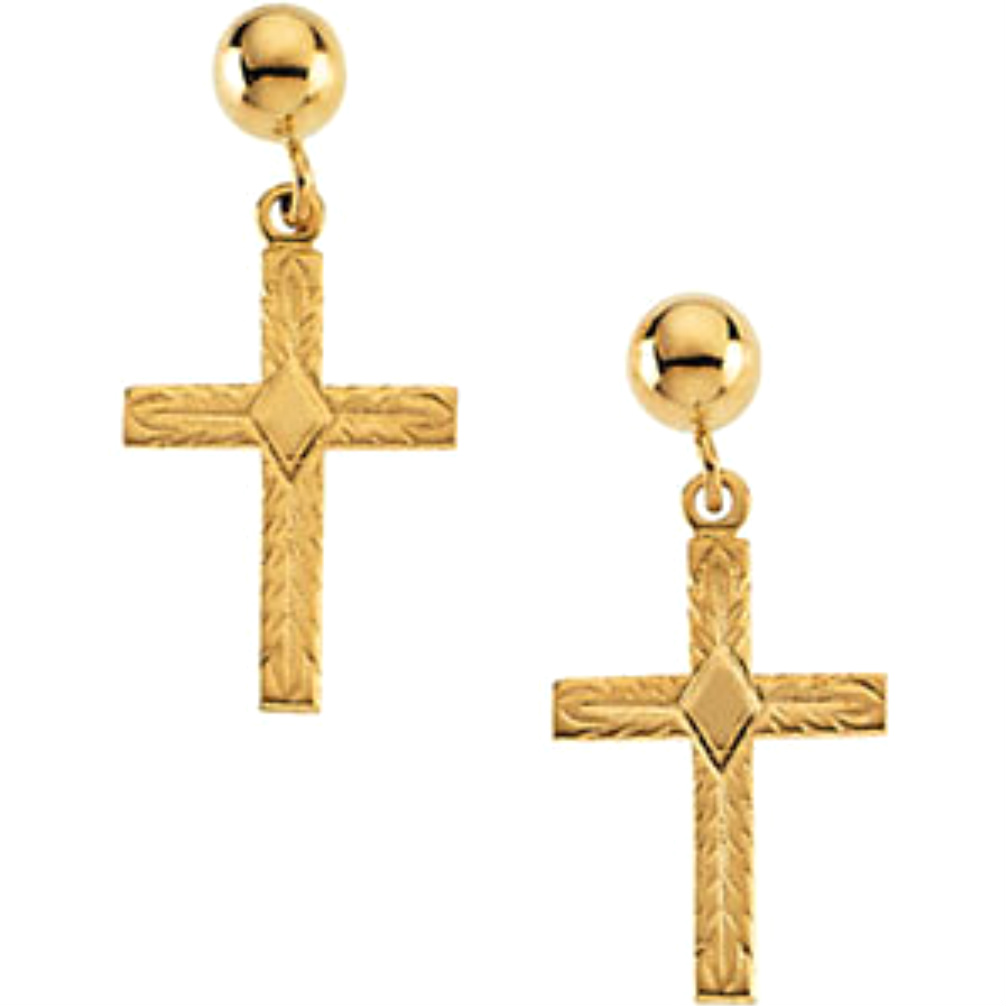 14k Yellow Gold Cross Ball Dangle Earrings. 