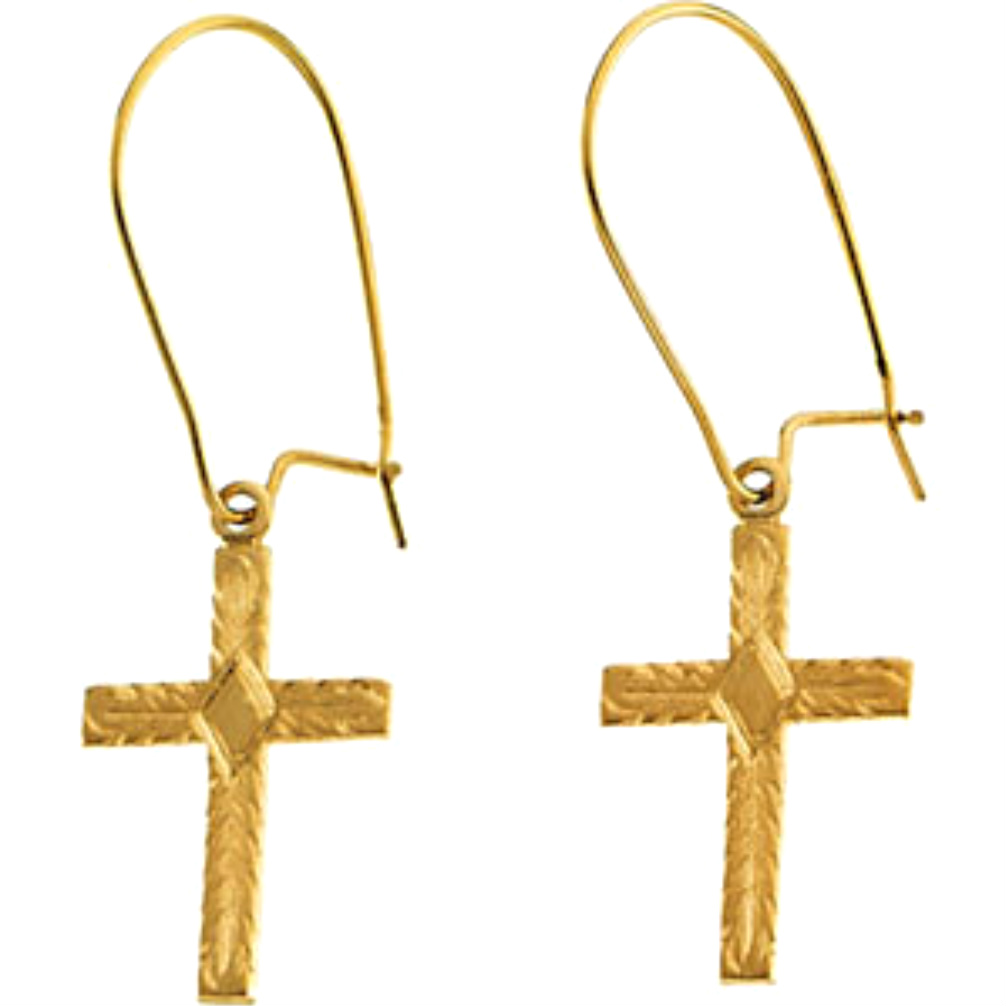 14k Yellow Gold Dangle Cross Earring. 