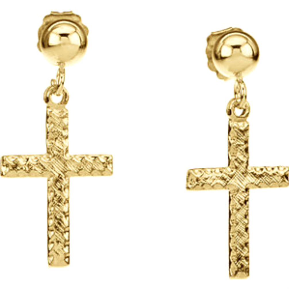 14k Yellow Gold Cross Dangle Earrings. 