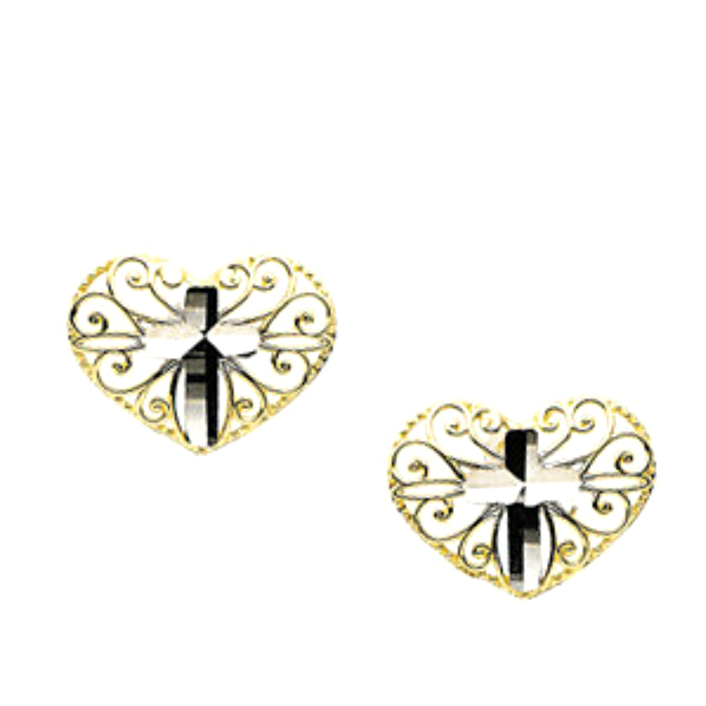 Yellow and White Gold Cross Heart Earrings. 