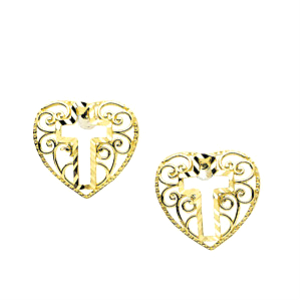 14k Yellow Gold Cross Heart Earrings. 